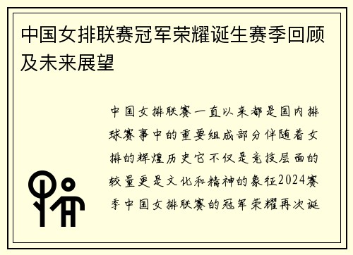 中国女排联赛冠军荣耀诞生赛季回顾及未来展望