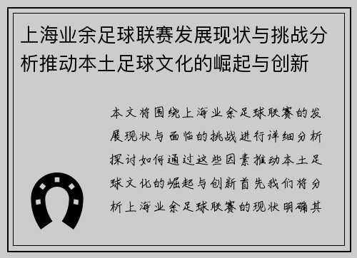 上海业余足球联赛发展现状与挑战分析推动本土足球文化的崛起与创新
